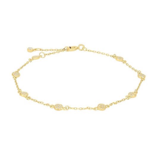 JoanliNor ANNIENOR armbånd i forgyldt sterling sølv med runde zirkonia-vedhæng, 17–20 cm.
